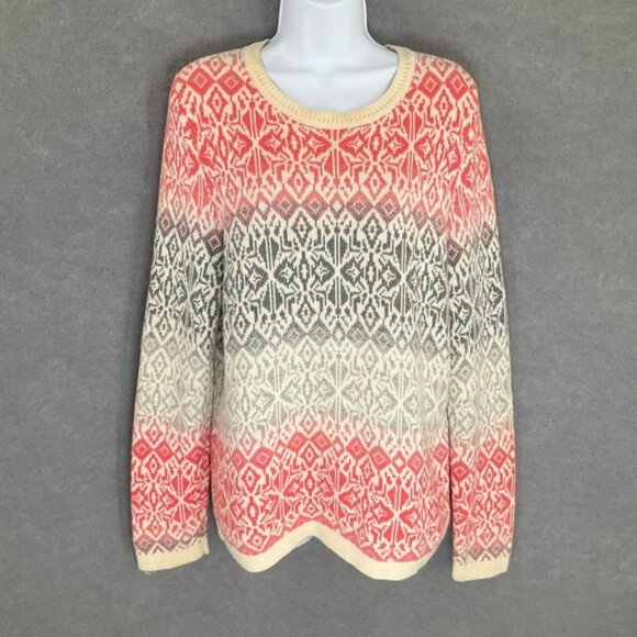 Talbots Womens Sweater Sz L Coral Gray White Lambswool Blend Fair Isle Pullover - Picture 1 of 8